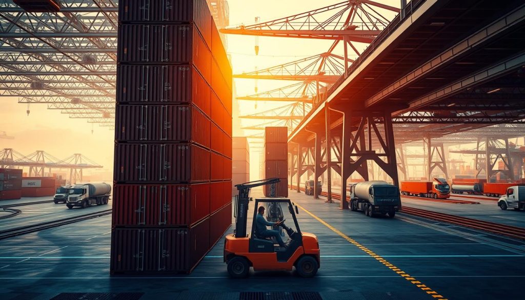 A futuristic and clean industrial setting with a towering container stack in the foreground, backlit by warm lighting. In the middle ground, a forklift expertly navigates the tight spaces, showcasing the efficient handling of containers. The background features a bustling logistics hub, with cranes, trucks, and trains seamlessly transporting goods. The scene conveys the scalability, flexibility, and streamlined nature of containerized cargo management, a testament to the advantages of this modern logistics paradigm. The image should evoke a sense of technological prowess, productivity, and the seamless flow of international trade.