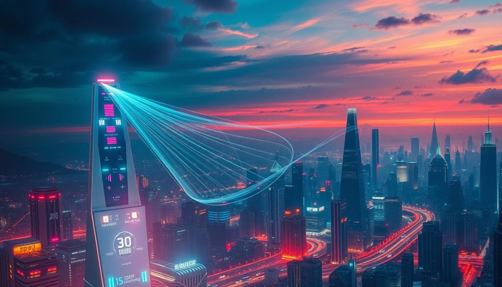 A futuristic cityscape, illuminated by a vibrant, neon-tinged skyline. In the foreground, a towering, geometric structure dominates the scene, its sleek lines and glowing interfaces representing the next evolution of load balancing technology. Wispy trails of data flow through the air, converging on the structure, as advanced algorithms seamlessly distribute workloads across a network of interconnected servers. In the middle ground, a hazy, holographic display showcases real-time performance metrics, while in the background, a sprawling urban landscape filled with autonomous vehicles and skyscrapers reflects the ever-evolving nature of modern infrastructure. Lighting is cinematic, with deep shadows and dramatic highlights, creating a sense of awe and technological wonder.