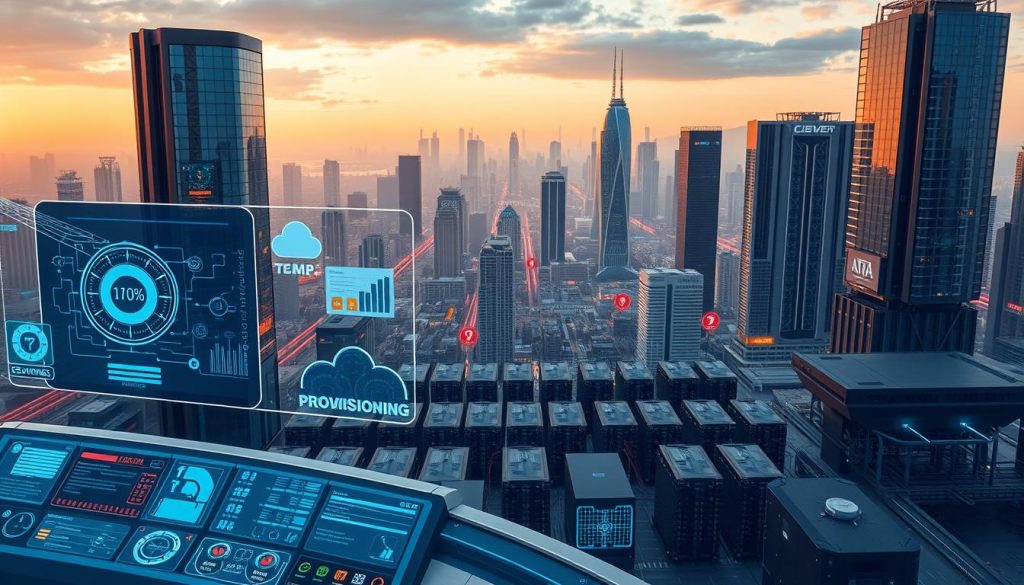 A futuristic cityscape with a seamless blend of modern architecture and cutting-edge infrastructure. In the foreground, a command center displays a holographic interface showcasing various Provisioning tools, their intricate controls, and real-time system diagnostics. The middle ground features rows of server racks, network switches, and cloud computing hardware, all working in harmony to power the digital landscape. The background is a panoramic vista of towering skyscrapers, their facades illuminated by a warm, diffused lighting that creates a sense of technological prowess and efficiency. The overall atmosphere is one of precision, innovation, and the critical importance of Provisioning in modern infrastructure management.