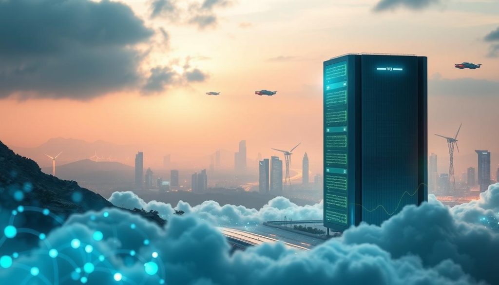 A futuristic cloud data backup landscape. In the foreground, holographic data streams flow seamlessly between devices and the cloud. In the middle ground, a sleek, minimalist data center tower glows with an iridescent sheen, harnessing the power of renewable energy. In the distant background, a cityscape of towering skyscrapers and hovering transport vehicles recedes into a hazy, neon-tinged horizon. Soft, diffused lighting casts an atmospheric, almost dreamlike ambiance over the entire scene. The overall impression is one of advanced, efficient, and environmentally-conscious data management, poised to evolve alongside the digital future.