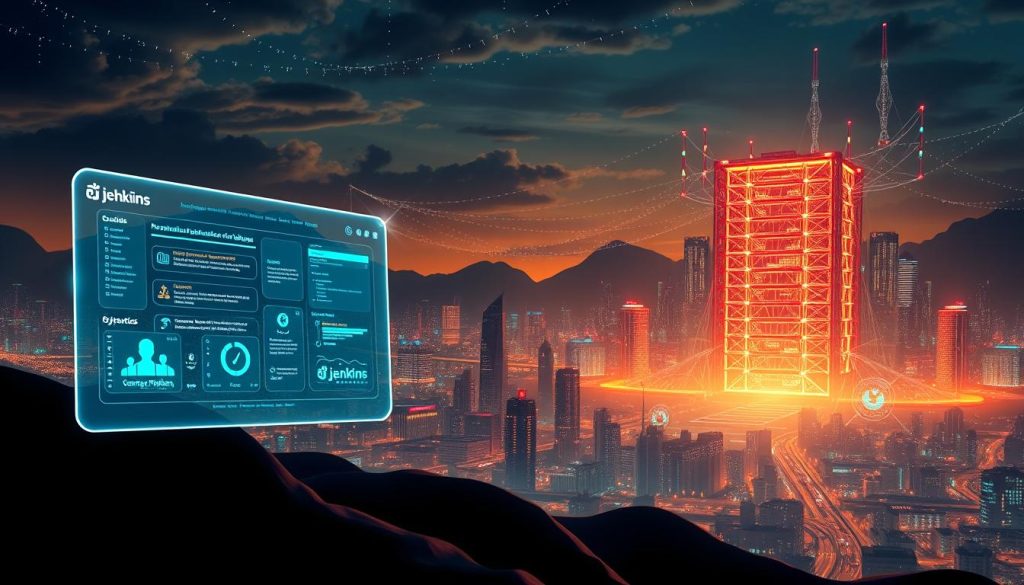 A futuristic scene depicting the evolution of Jenkins, a leading continuous integration and delivery (CI/CD) platform, amidst emerging technologies. In the foreground, a sleek, holographic Jenkins interface showcases seamless integration with cloud-native tools and microservices. The middle ground features a bustling cityscape, where automation pipelines intertwine with cutting-edge infrastructure like serverless functions and containerized deployments. In the background, a data center silhouette is illuminated by a vibrant display of artificial intelligence, machine learning, and edge computing capabilities, hinting at the transformative potential of these innovations to enhance the versatility and performance of Jenkins-driven development workflows. The scene is bathed in a warm, futuristic glow, conveying a sense of progress, efficiency, and the ongoing evolution of the Jenkins ecosystem.