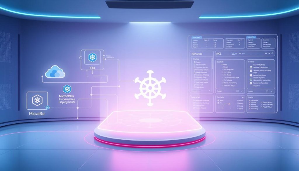 A futuristic, sleek interface showcasing alternative solutions to the kubeadm init stuck issue. The foreground displays various lightweight, cloud-native Kubernetes deployment tools like MicroK8s, K3s, and Rancher RKE, each with a distinct visual representation. The middle ground features a holographic cluster diagram, illustrating the deployment process and resource management. The background depicts a minimalist, high-tech control panel with detailed system metrics and configuration options. Soft blue and purple hues create a calming, professional atmosphere, with subtle lighting effects accentuating the advanced technological elements.