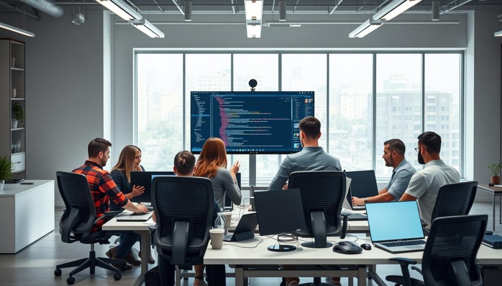 A group of software developers collaborating in a modern, well-lit coding workspace. The focal point is a large monitor displaying the VSCode interface, showcasing its features and capabilities for group projects. In the foreground, team members huddle around the screen, discussing code and exchanging ideas. The middle ground features ergonomic desks, swivel chairs, and a variety of tech accessories, creating a productive and organized atmosphere. The background depicts a sleek, minimalist office environment with large windows, allowing natural light to flood the space and enhance the sense of openness and collaboration. The overall scene conveys the seamless integration of VSCode as a powerful tool for enabling effective teamwork in software development.