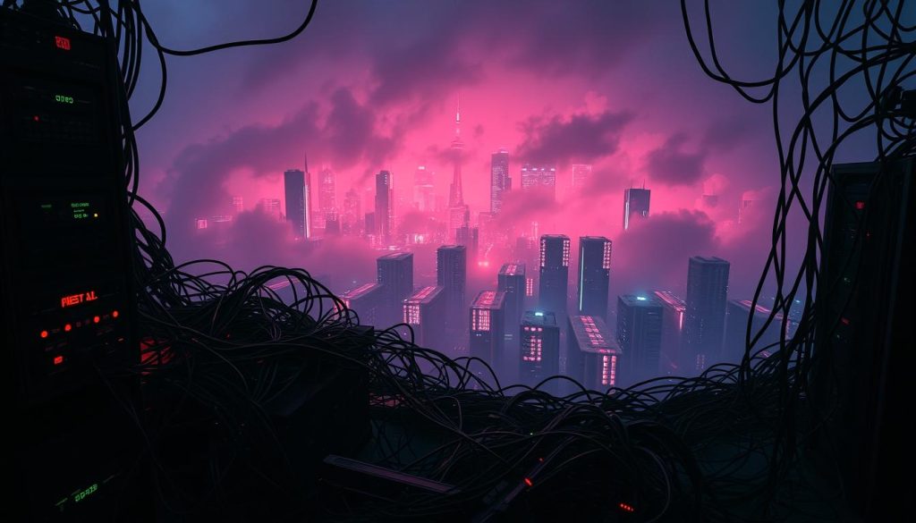 A high-contrast and gritty cyberpunk-inspired scene depicting the impact of hardware failures on a Kubernetes network. In the foreground, a tangled mess of corrupted data streams and glitching server racks, casting an ominous glow. The middle ground features a sprawling Kubernetes control plane, its nodes flickering and unstable. In the background, a cityscape of towering data centers shrouded in thick, neon-tinged fog, hinting at the far-reaching consequences of these infrastructure issues. Dramatic lighting illuminates the scene, with deep shadows and harsh highlights emphasizing the sense of technological breakdown. The overall mood is one of impending doom and the fragility of complex distributed systems.