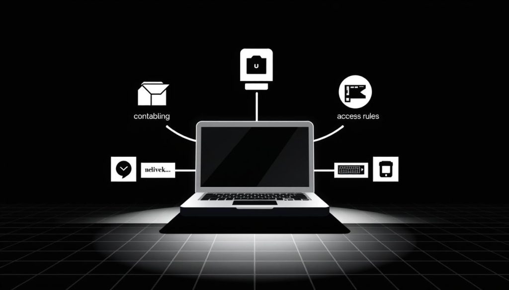 A high-contrast digital illustration depicting the process of restricting access to network services using the Uncomplicated Firewall (UFW) on a Linux system. The scene shows a stylized laptop or desktop computer in the center, with various firewall rules and network ports represented as geometric shapes and icons surrounding it. The background is a minimal, abstract grid or wireframe pattern, suggesting the underlying network infrastructure. The overall aesthetic is clean, technical, and focused on conveying the core concept of access control through UFW. Lighting is dramatic, with strong shadows and highlights to emphasize the technical nature of the subject matter. The composition is balanced and visually interesting, drawing the viewer's attention to the key elements of the firewall configuration.