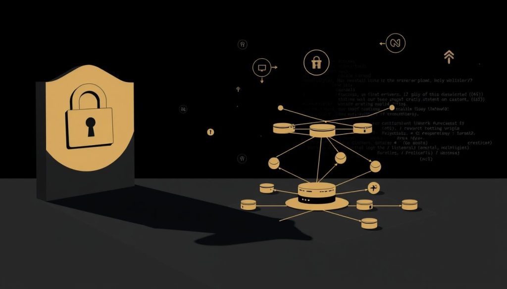 A high-contrast digital illustration depicting the security implications of IP blocking. In the foreground, a firewall icon casts an ominous shadow, symbolizing the power and potential impact of this network security measure. The middle ground showcases a network topology with various devices, representing the interconnected nature of modern systems. In the background, subtle glyphs and code snippets allude to the technical complexities of IP management and the cascading effects of access control. The overall scene conveys a sense of unease and the need for careful consideration when implementing IP blocking policies to ensure the continued integrity and resilience of the network.