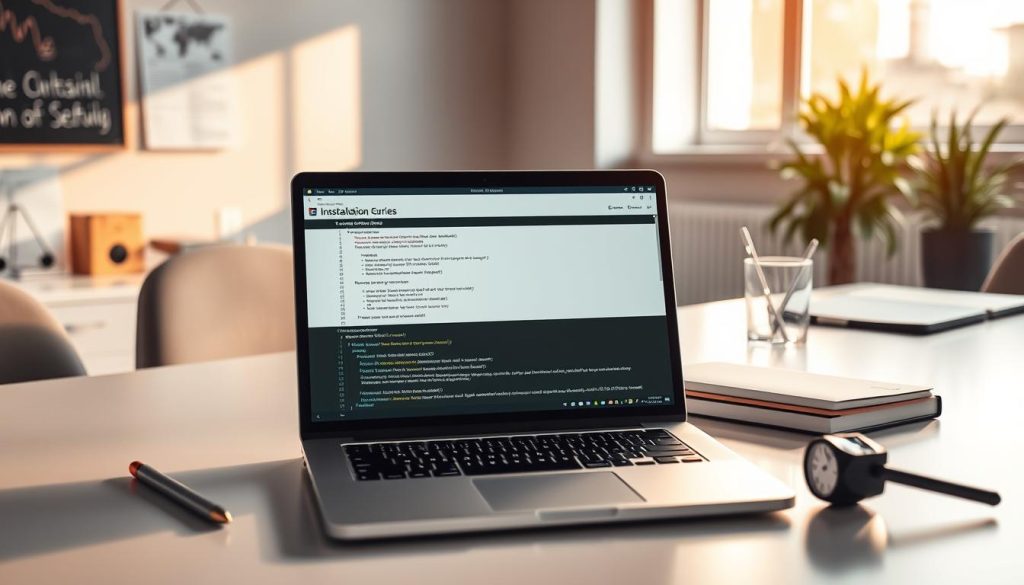 A high-quality, detailed image of a technical troubleshooting guide for Jira installation errors in a professional corporate environment. The scene depicts a minimalist office workspace with a laptop displaying error logs and diagnostic information, surrounded by office supplies and a sleek, modern desk. Warm, directional lighting from a nearby window casts subtle shadows, creating depth and a sense of focus. The composition emphasizes the laptop screen as the central point of interest, with the surrounding elements providing context and visual interest. The overall mood is one of problem-solving and attention to detail, reflecting the technical nature of the subject matter.