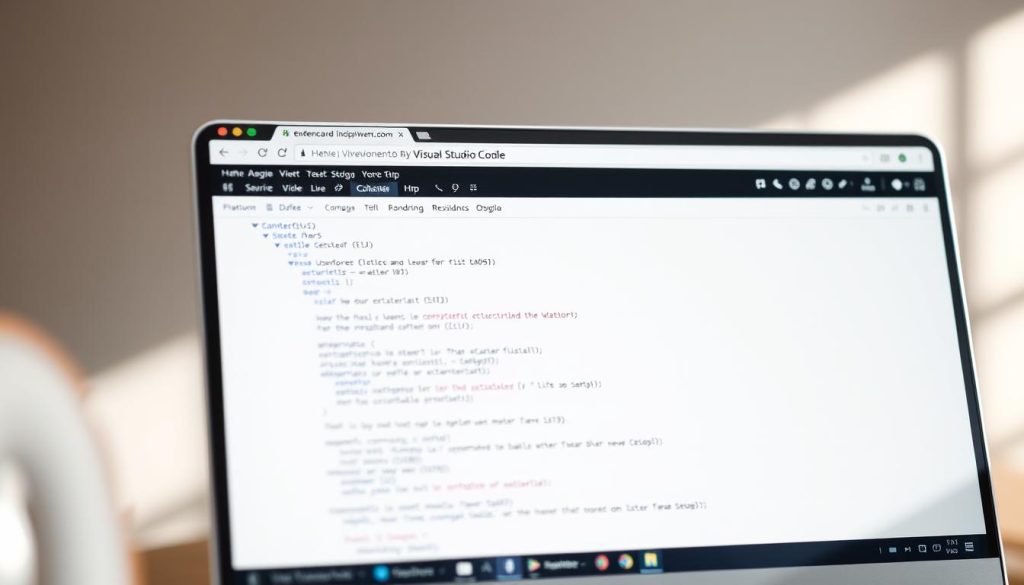 A high-quality image of a web browser window displaying the Visual Studio Code editor interface, with a clean and organized layout. The browser should have a modern and sleek appearance, with a minimalist design that focuses on the core VSCode experience. The lighting should be soft and natural, creating a subtle, yet professional atmosphere. The camera angle should be slightly elevated, providing a clear and unobstructed view of the browser window and its contents. The overall composition should be balanced and visually appealing, reflecting the seamless integration of VSCode within the web environment.