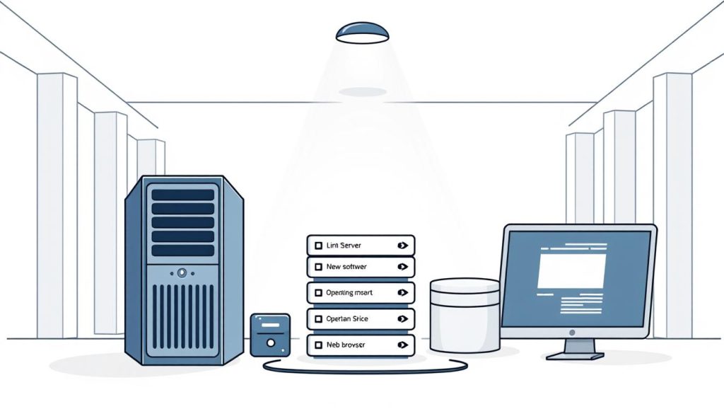A high-quality, technical illustration of the Jira installation requirements. A clean, modern design in a neutral color palette. Crisp lines and shapes, with a focus on clarity and functionality. The foreground showcases the core hardware and software necessities - a server, operating system, database, and web browser. The background depicts a minimalist, architectural environment, suggesting an organized and professional setup. Subtle lighting from above casts soft shadows, enhancing the sense of depth. The overall impression is one of a well-planned, enterprise-level deployment ready for production use.