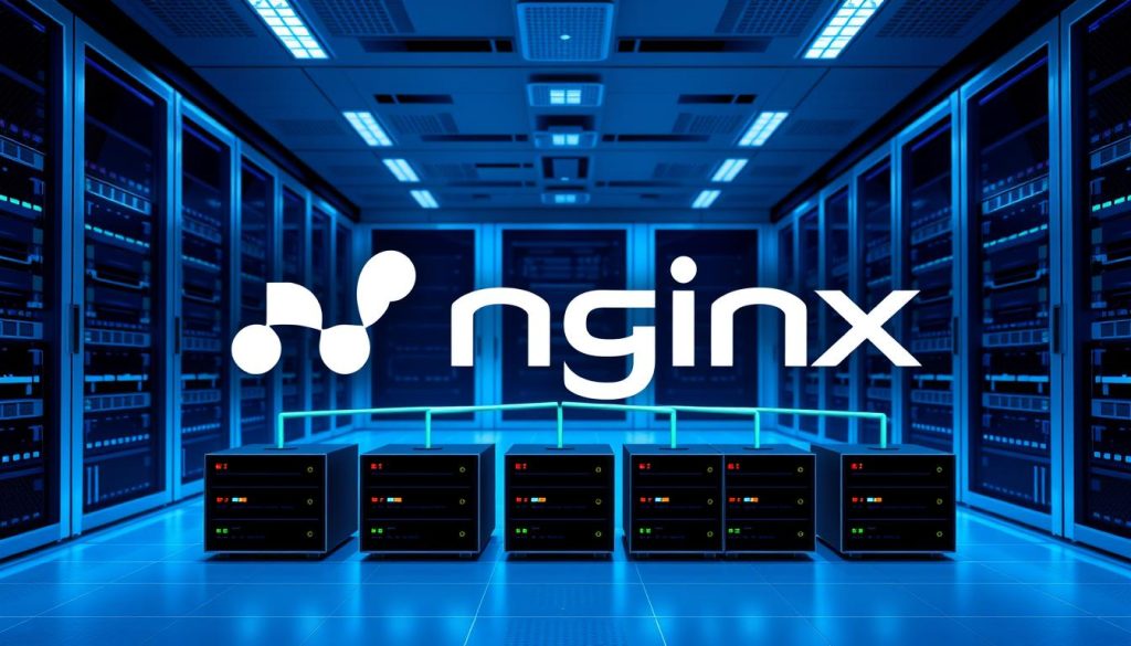 A high-resolution, detailed diagram of a Nginx load balancer configuration. The foreground features the Nginx logo prominently displayed, with a stylized arrangement of server instances underneath, connected by arrows and network cables. The middle ground showcases the load balancing process, with incoming client requests distributed across the backend servers. The background contains a sleek, minimalist data center environment with server racks, network switches, and subtle grid patterns, all illuminated by cool, blue-tinted lighting to convey a sense of technical sophistication. The overall composition emphasizes the power, efficiency, and scalability of the Nginx load balancing solution.