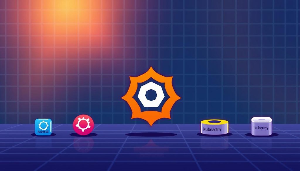 A high-resolution, detailed illustration depicting the essential software components for a Kubernetes installation on an Ubuntu system. The foreground features a set of colorful, vivid icons representing the key Kubernetes utilities such as kubectl, kubeadm, kubelet, and kube-proxy. The middle ground showcases the Ubuntu logo, symbolizing the operating system foundation. The background has a subtle grid pattern evoking a technical, computational environment. Warm lighting from the top left casts a soft glow, creating depth and emphasizing the clean, minimalist design. The overall mood is one of professionalism, functionality, and the readiness of these Kubernetes prerequisites for a seamless deployment.