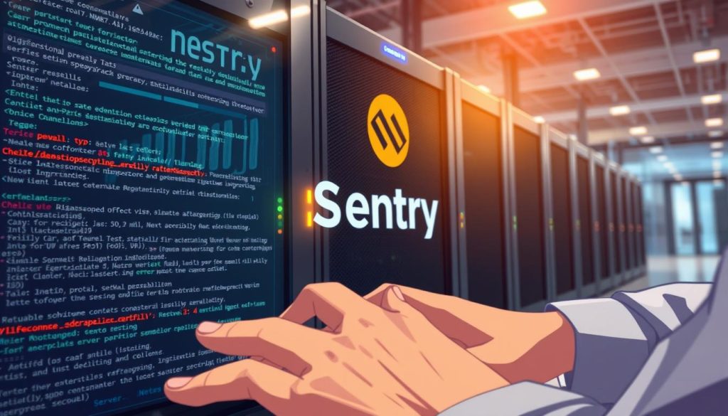 A high-resolution digital illustration depicting the process of resolving Sentry errors on a server. In the foreground, a close-up view of a developer's hands interacting with a terminal interface, lines of code and error messages displayed. In the middle ground, a stylized server rack with intricate components, glowing status indicators, and a prominent Sentry logo. The background features a softly blurred backdrop of a modern data center, with subtle highlights and shadows to create depth and atmosphere. The overall mood is one of technical problem-solving, with a sense of focus and determination conveyed through the composition and lighting.