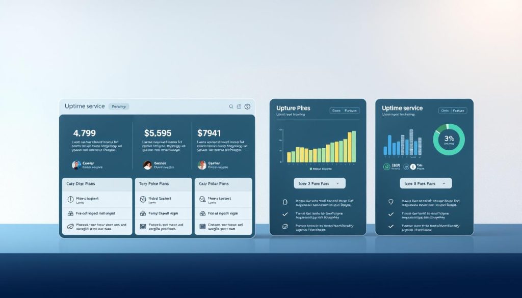 A high-resolution illustration of Uptime service's pricing plans and feature tiers. The foreground depicts a sleek, minimalist dashboard with clearly labeled sections for each plan, including icons, descriptions, and pricing details. The middle ground showcases elegant data visualizations, graphs, and charts highlighting the key metrics and capabilities of each plan. The background features a soft, gradient-based color scheme with subtle textures, conveying a sense of professionalism and sophistication. The overall composition is balanced, clean, and highly informative, guiding the viewer through the Uptime service's pricing and plan offerings. Lighting is soft and diffused, with a subtle depth of field to focus attention on the central elements. The angle is a slightly elevated perspective, creating an authoritative and comprehensive view of the subject matter.