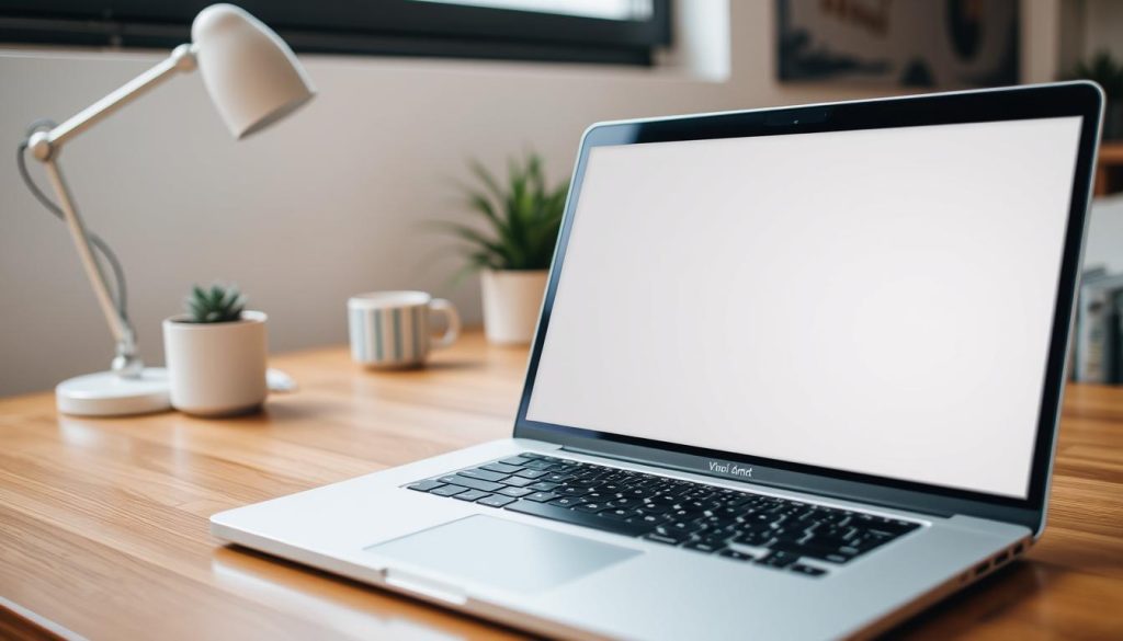 A high-resolution photograph of a laptop screen displaying a website with the text "تست اتصال اینترنت" prominently displayed. The laptop is placed on a wooden desk, with a minimalist office setup visible in the background, including a desk lamp, a plant, and a mug. The lighting is soft and natural, creating a warm and inviting atmosphere. The camera angle is slightly elevated, giving a clear view of the laptop screen and the surrounding workspace. The focus is sharp, highlighting the clarity and legibility of the text on the screen.