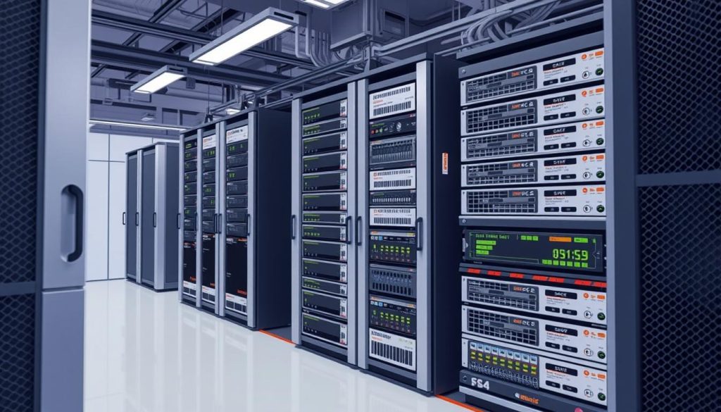 A highly detailed and technical illustration of the hardware requirements for self-hosting GitLab. The scene depicts a modern server rack in a data center environment, with various enterprise-grade components neatly organized and labeled. The lighting is soft and even, highlighting the sleek designs of the hardware. The camera angle is slightly elevated, giving a comprehensive overview of the setup. The atmosphere is one of precision, efficiency, and professionalism, conveying the importance of a robust infrastructure for self-hosting a mission-critical platform like GitLab.