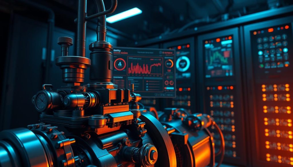 A highly detailed, cinematic illustration of the Sentry error handling mechanism. The foreground features a complex, mechanical device with intricate gears, valves, and sensors meticulously rendered. The middle ground showcases a sleek, futuristic user interface displaying real-time error analytics and diagnostic information. In the background, a dimly lit server room with racks of glowing hardware, creating a moody, industrial atmosphere. The lighting is dramatic, with warm hues reflecting off the metallic surfaces. The camera angle is slightly elevated, giving an authoritative, technical perspective on the Sentry system's inner workings.