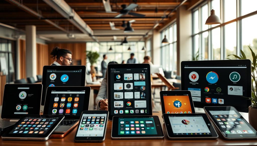 A highly detailed, cinematic image showcasing the pros and cons of popular task management tools. Set in a warm, welcoming office environment, the foreground features an array of task management apps displayed on various devices, each with its own unique icons and interfaces. The middle ground highlights a team of diverse professionals engaged in collaborative work, with subtle visual cues alluding to the strengths and weaknesses of the tools. The background offers a panoramic view of the office, with large windows allowing natural light to filter in, creating a sense of openness and productivity. The overall composition conveys a balanced, objective perspective on the topic, inviting the viewer to explore the nuances of task management solutions.