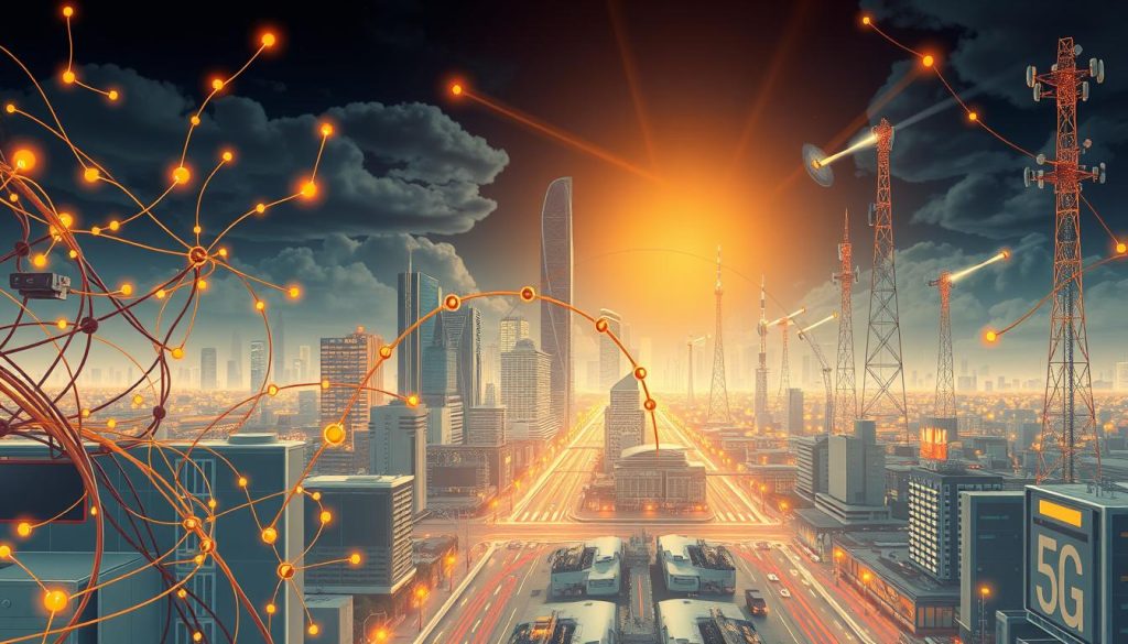 A highly detailed digital illustration showcasing the importance of network configuration in the modern world. In the foreground, a network diagram with various interconnected devices, cables, and nodes, symbolizing the complexity of today's digital infrastructure. In the middle ground, a city skyline with towering skyscrapers and bustling streets, representing the reliance on seamless network connectivity for businesses and everyday life. In the background, a futuristic landscape with advanced technologies, such as cloud computing data centers and 5G communication towers, highlighting the critical role of network optimization in the digital age. The scene is illuminated by a warm, golden light, creating a sense of importance and urgency, emphasizing the necessity of effective network configuration for the modern world.