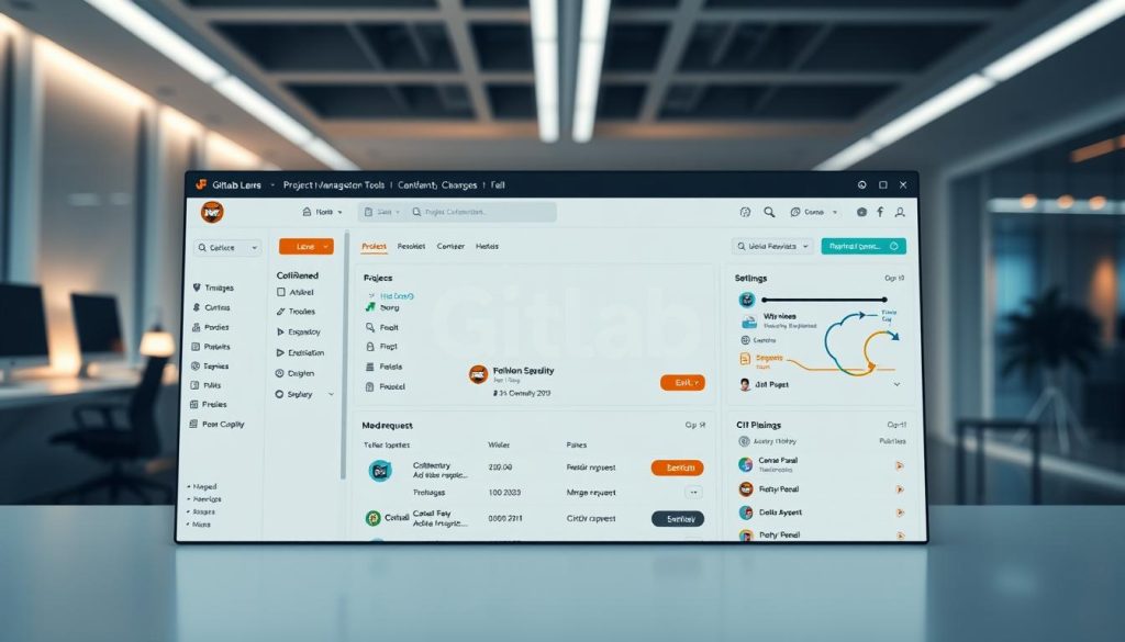 A highly detailed, technically accurate depiction of the GitLab web-based software configuration management (SCM) system's user interface and dashboard, showcased in a clean, modern, and professional aesthetic. The foreground features the GitLab logo, project management tools, and various settings panels. The middle ground highlights the project repository, merge requests, and CI/CD pipelines. The background subtly depicts a sleek, minimalist office environment with subtle lighting and hints of the GitLab brand colors, creating an atmosphere of productivity and efficiency. The overall scene conveys a sense of power, control, and optimization of the GitLab self-hosting experience.
