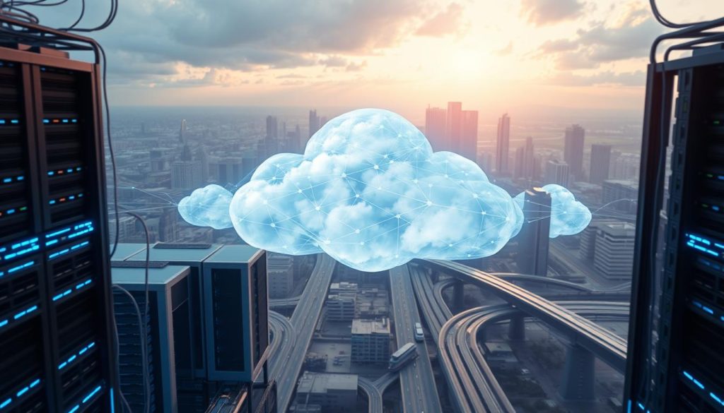 A highly detailed, three-dimensional rendering of a cloud computing network infrastructure. In the foreground, a cluster of sleek, interconnected server racks and networking devices, illuminated by cool, blue-tinted lighting. In the middle ground, an expansive cloud of data flows and interconnections, represented by translucent, ethereal shapes in shades of blue and white. In the background, a vast, futuristic cityscape with towering skyscrapers and highways, symbolizing the scale and scope of the cloud network. The overall scene conveys a sense of advanced technology, seamless connectivity, and the immense power of cloud-based systems.