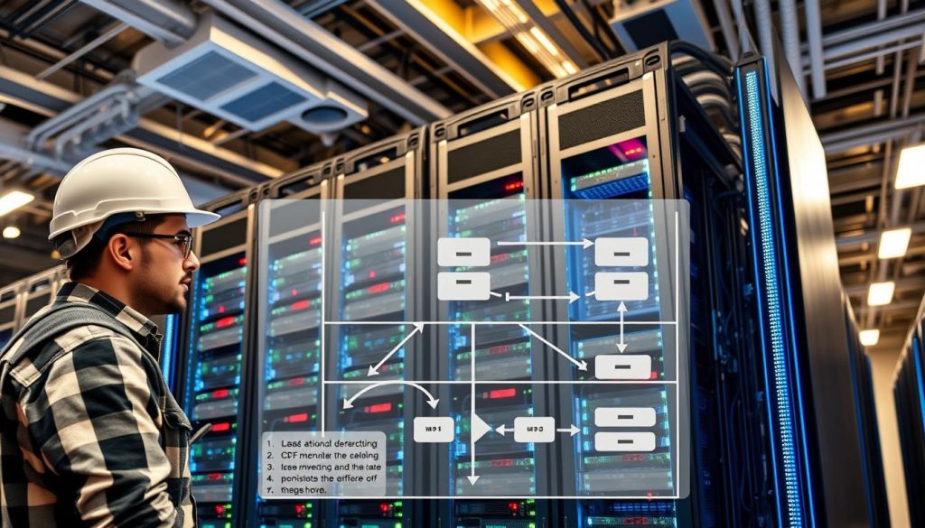 A large network server rack with multiple computer components, cables, and blinking lights, symbolizing a load balancer system. The foreground shows a technician wearing a hardhat and toolkit, investigating the server setup with a focused expression. The middle ground features a schematic diagram of the load balancer architecture, with arrows and annotations explaining the troubleshooting process. The background showcases a sleek, modern data center environment with high ceilings, climate control systems, and minimal visual clutter. The lighting is a combination of warm overhead illumination and cool LED accents, creating a sense of technical sophistication. The overall mood is one of professional problem-solving, with a slight sense of urgency to resolve the load balancer issue.