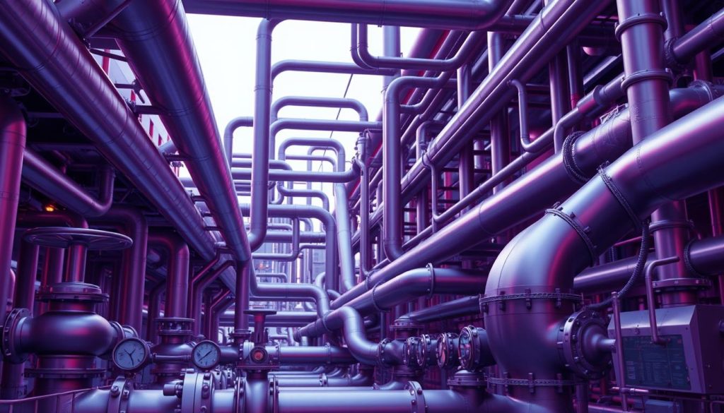 A large-scale, architectural pipeline structure dominates the frame, its intricate network of pipes and conduits intertwining in a complex, three-dimensional maze. The pipes are constructed with a sleek, metallic finish, reflecting the soft, indirect lighting that bathes the scene in a warm, Royal Purple (#7955a3) hue. The pipeline stretches deep into the background, receding into the distance and creating a sense of depth and scale. In the foreground, various valves, gauges, and control panels provide a technical, industrial aesthetic, hinting at the pipeline's inner workings and the critical role it plays in the overall system. The overall composition conveys a sense of precision, sophistication, and the carefully orchestrated nature of this essential piece of infrastructure. A large-scale, architectural pipeline structure dominates the frame, its intricate network of pipes and conduits intertwining in a complex, three-dimensional maze. The pipes are constructed with a sleek, metallic finish, reflecting the soft, indirect lighting that bathes the scene in a warm, Royal Purple (#7955a3) hue. The pipeline stretches deep into the background, receding into the distance and creating a sense of depth and scale. In the foreground, various valves, gauges, and control panels provide a technical, industrial aesthetic, hinting at the pipeline's inner workings and the critical role it plays in the overall system. The overall composition conveys a sense of precision, sophistication, and the carefully orchestrated nature of this essential piece of infrastructure.