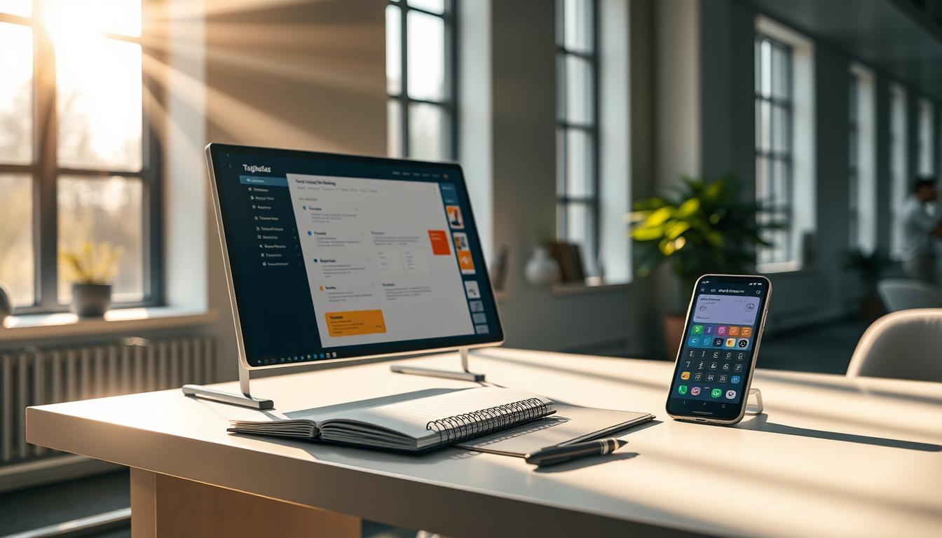 A meticulously crafted office space with an array of task management tools neatly arranged on a sleek, minimalist desk. Sunlight streams through large windows, casting a warm, productive glow on the scene. Prominently displayed are a digital task board, a paper planner, a smart pen, and a smartphone displaying a task management app. The tools are strategically positioned, hinting at their complementary roles in streamlining workflow. The overall atmosphere conveys a sense of organization, efficiency, and focus - the ideal setting for effectively managing tasks within a team environment.