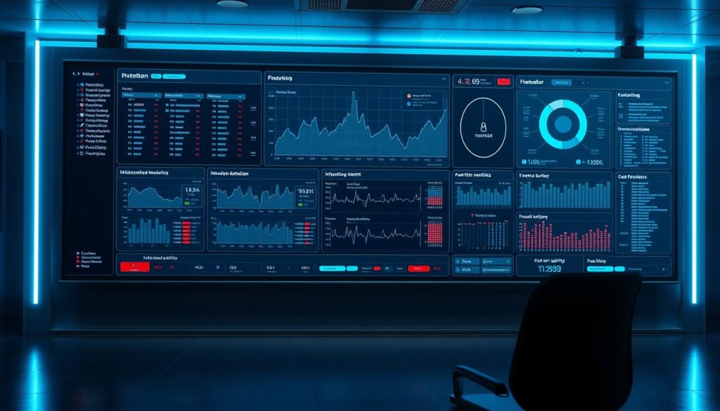 A meticulously detailed firewall monitoring dashboard, featuring an expansive control panel with real-time traffic graphs, intrusion detection alerts, and granular network activity logs. The interface is sleek and minimalist, with a cool, industrial color palette of grays, blues, and blacks. The dashboard is illuminated by cool, directional lighting that casts dramatic shadows, creating a sense of depth and complexity. The overall atmosphere is one of cutting-edge technology, precise control, and vigilant security. The composition is balanced and symmetrical, drawing the viewer's eye to the central display.