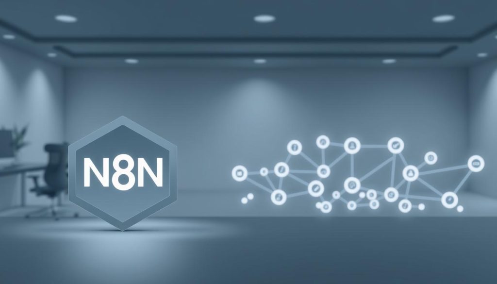 A meticulously detailed illustration of the N8N workflow management system, rendered in a clean, minimalist style. The foreground depicts the N8N logo, its sleek hexagonal design rendered in shades of gray, casting a soft ambient glow. The middle ground showcases a series of interconnected nodes, each representing the various components of the N8N system, their connections visualized as smooth, flowing lines. The background features a serene, understated environment, perhaps an office or workspace, with subtle lighting and muted tones that complement the overall aesthetic. The scene conveys a sense of order, efficiency, and technological prowess, perfectly encapsulating the essence of maintaining and updating the N8N platform.