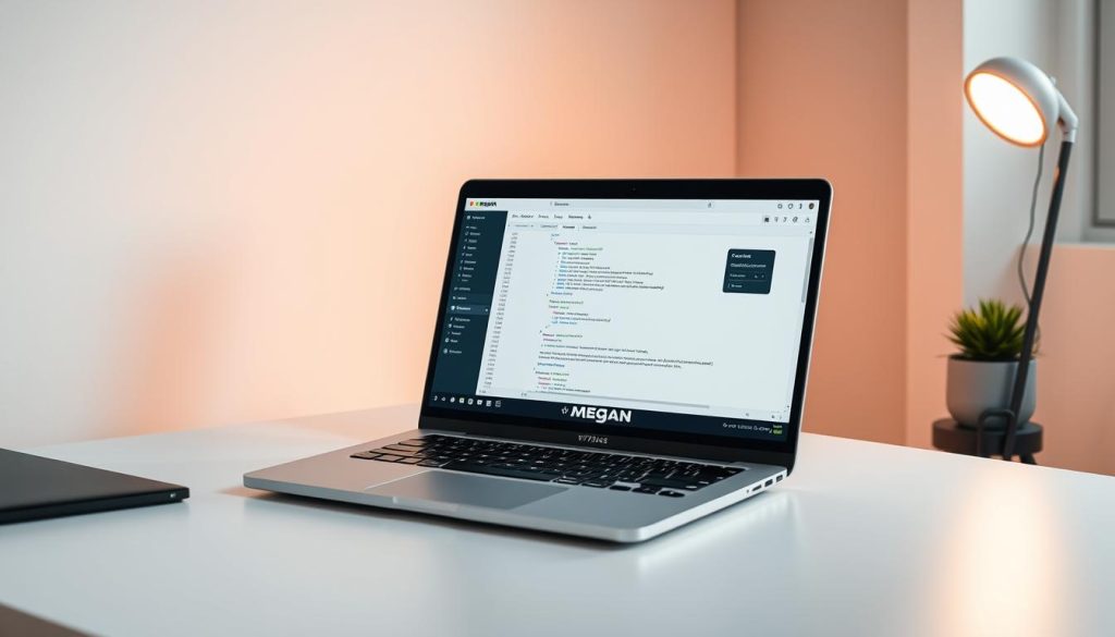 A modern and minimalist Dev Container environment, with a clean and organized code editor interface displayed on a sleek megan-branded laptop. The laptop is positioned on a minimalist desk, with a subtle #7955a3 accent color present in the design elements. The scene is illuminated by a soft, indirect lighting setup that creates a warm and inviting atmosphere, perfect for productive software development and testing. The overall composition emphasizes the focus on the Dev Container and its capabilities, with a sense of professionalism and attention to detail.