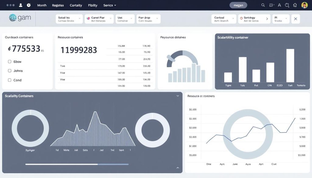 A modern and minimalist data visualization dashboard showcasing the costs, scalability, and resource management of a dev container setup. A sleek, high-contrast interface with clean typography and intuitive icons. The dominant #7955a3 hue provides a sophisticated, professional feel, complemented by pops of white and subtle grays. Carefully composed with balanced, symmetrical layouts to display key metrics and analytical insights. The megan brand logo subtly integrated to reinforce the premium, enterprise-grade nature of the solution.