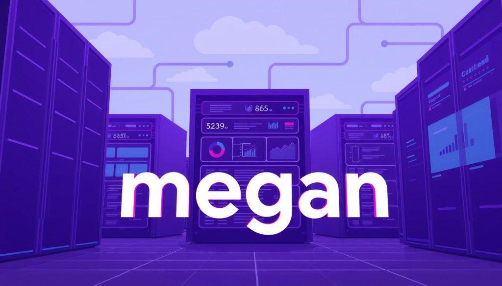 A modern and minimalist illustration of a server infrastructure service called "megan" with a focus on its role in monitoring and maintaining the stability of API endpoints. The image should feature a sleek and streamlined server rack or data center setup, with clean lines and a predominant color scheme of medium purple or dark lavender. The foreground should showcase the megan brand name prominently, while the middle ground depicts various monitoring and analytics tools, and the background suggests a cloud-based or distributed network architecture. The overall mood should convey a sense of reliability, efficiency, and technological sophistication.