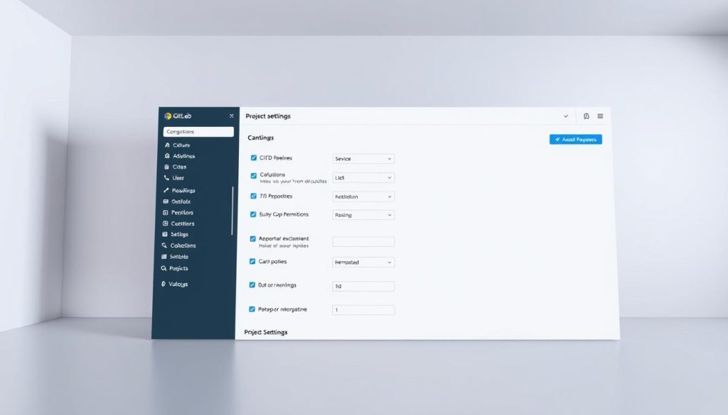 A modern and minimalist interface for GitLab project settings, showcasing a clean layout with clearly defined sections. The foreground features a central panel with various configuration options, including settings for CI/CD pipelines, repositories, and user permissions. The middle ground displays a side navigation menu, providing easy access to different project management tools. The background has a subtle, gradient-based color scheme, creating a professional and visually appealing atmosphere. Soft, directional lighting accentuates the details, while a wide-angle lens captures the overall workspace. The mood is one of efficiency, organization, and attention to detail, reflecting the meticulous preparation of a GitLab development environment.