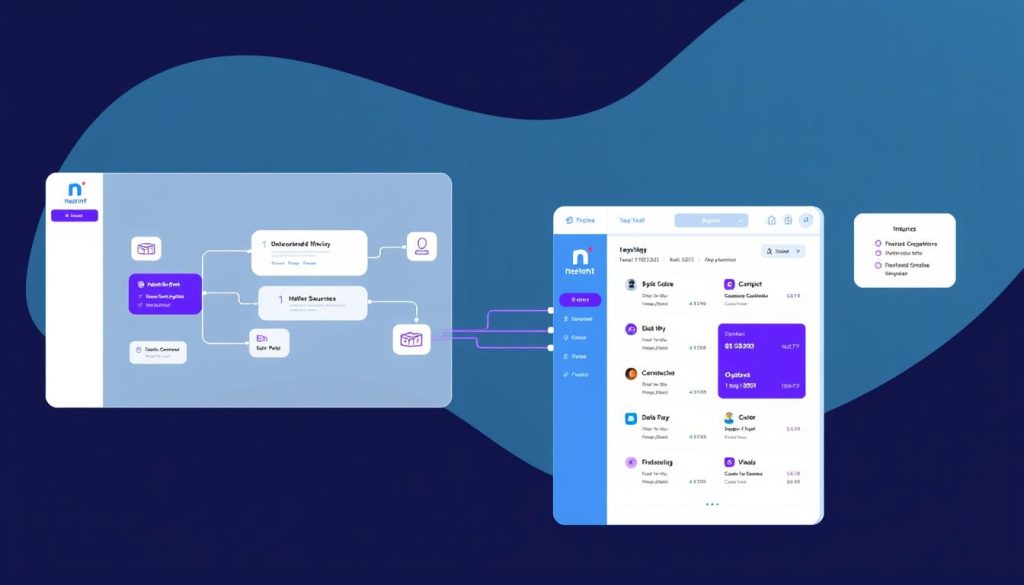 A modern and sleek illustration showcasing n8n, an intuitive data integration automation platform. In the foreground, a simplified user interface with clean lines and vibrant royal purple (#7955a3) accents, highlighting n8n's seamless workflow design. The middle ground features a representation of data sources and outputs, connected by smooth, flowing data streams. In the background, a subtle grid pattern suggests the interconnected nature of integrated systems. The overall composition conveys a sense of efficiency, versatility, and the power of n8n to streamline complex data processes.
