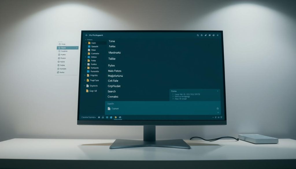 A modern, clean workspace with a large monitor displaying a file management interface. The foreground shows a cursor navigating through a structured directory tree, highlighting various file types. The middle ground features a minimalist user interface with options for file manipulation, transfer, and search. The background has a soft, muted tone, creating a serene, focused atmosphere for remote file management. Lighting is balanced, with subtle ambient illumination and focused task lighting. The overall composition conveys efficiency, organization, and a sense of control over a remote computing environment.