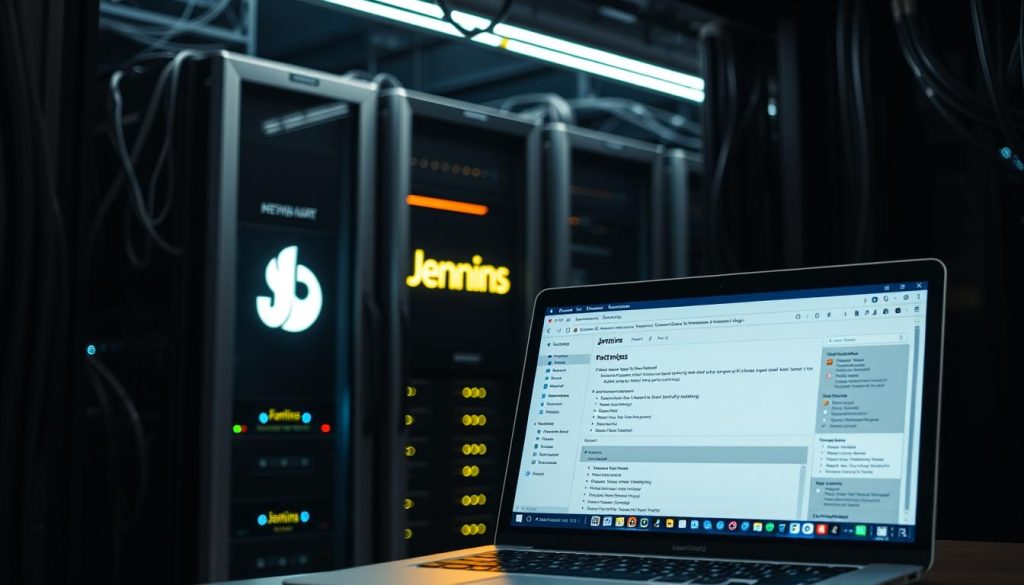 A modern data center server room, dimly lit with bright LED lights illuminating a sleek, silver Jenkins server rack. The Jenkins logo is prominently displayed on the server's front panel, casting a warm glow across the scene. In the foreground, a laptop screen displays the Jenkins web interface, showcasing the various configuration options and build pipelines. The background is filled with a network of cables and networking equipment, creating a sense of technological complexity and interconnectedness. The overall atmosphere is one of professional efficiency and cutting-edge technology, reflecting the power and versatility of the Jenkins continuous integration and deployment platform.