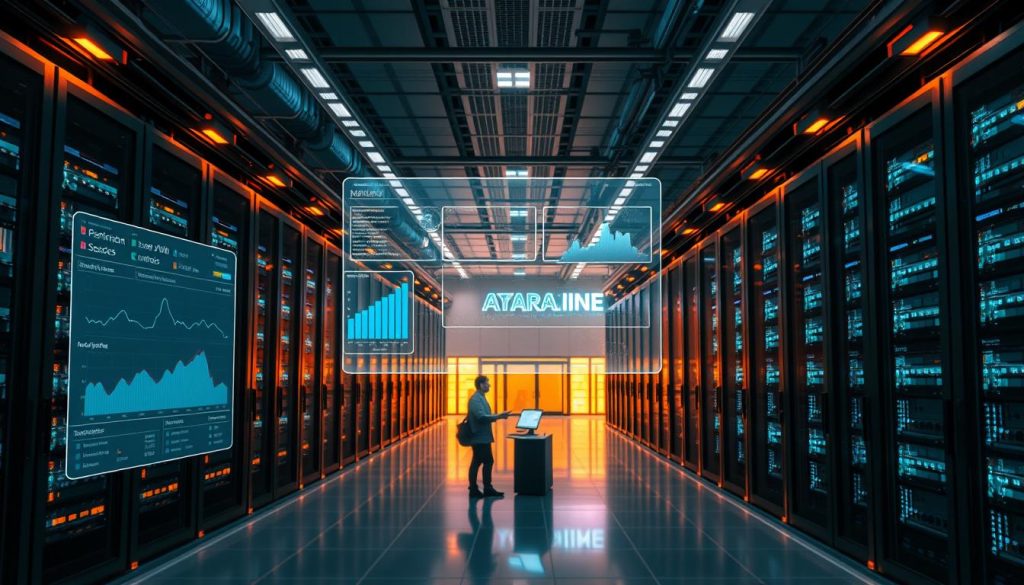 A modern data center with rows of server racks, cooling systems, and network switches. The interior is bathed in a warm, ambient lighting, creating a sleek, futuristic atmosphere. In the foreground, a holographic display showcases detailed analytics and resource utilization metrics. The middle ground features technicians monitoring the systems, while the background depicts the exterior of the facility, with sleek architectural design and prominent branding. The overall scene conveys the power, efficiency, and essential nature of Infrastructure as a Service for powering modern startups.