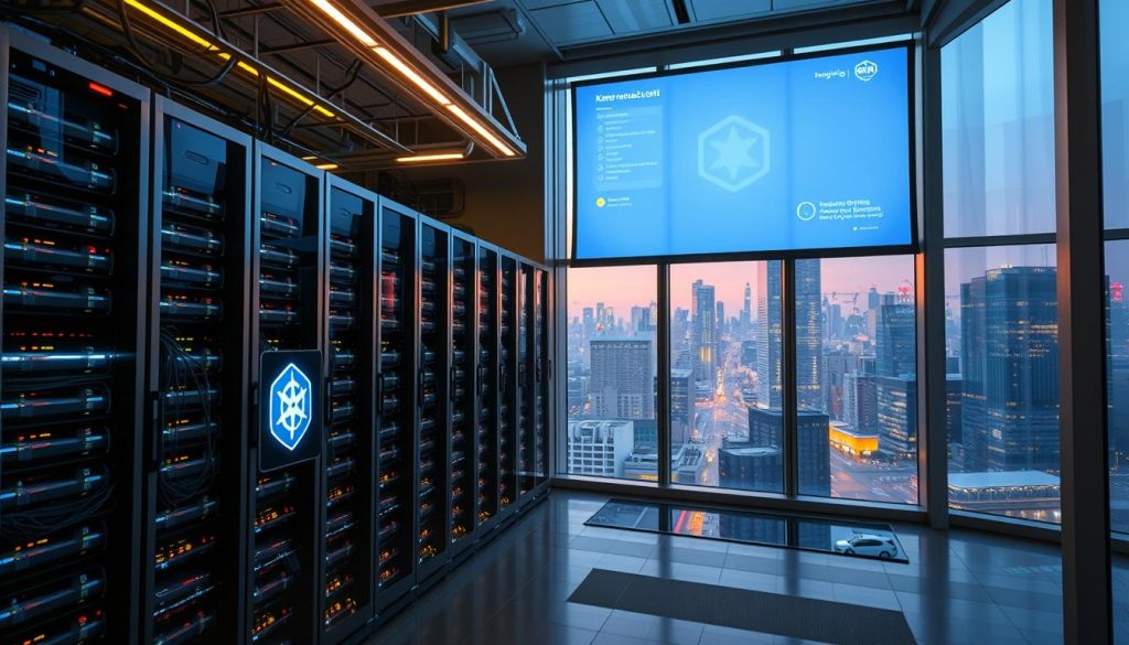 A modern data center with sleek servers and glowing network cables. In the foreground, a Kubernetes cluster is being orchestrated by the intuitive Megan platform, its user interface projected onto a large display. Overhead, LED lighting casts a warm glow, while floor-to-ceiling windows offer a panoramic view of a bustling city skyline. The scene conveys a sense of efficiency, innovation and seamless infrastructure management - the perfect illustration for "استفاده از خدمات مگان در حوضه Infrastructure".