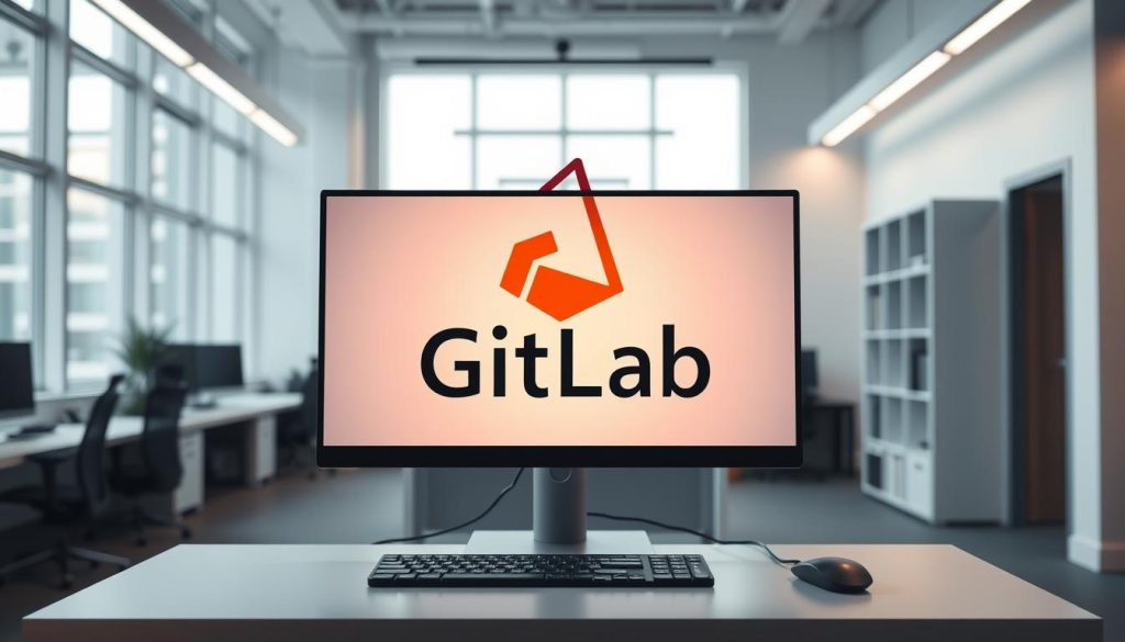 A modern, elegant installation of the GitLab platform on a sleek, minimalist workstation. The GitLab logo is prominently displayed, backlit with a soft, warm glow, set against a backdrop of a clean, neutral-toned office environment. The scene is illuminated by a combination of natural daylight filtering in through large windows and subtle, overhead lighting, creating a harmonious, professional atmosphere. The workstation features a high-resolution display, keyboard, and mouse, all arranged in a visually appealing layout, suggesting the seamless integration of GitLab into the user's workflow. The overall impression is one of a well-designed, technology-driven workspace optimized for efficient software development and collaboration.