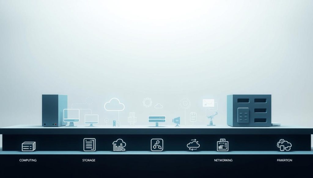 A modern, minimalist architectural illustration depicting the core infrastructure services of a Platform as a Service (PaaS) ecosystem. Set against a clean, geometric background, the foreground features distinct icons representing computing, storage, networking, and other foundational cloud-based offerings. Subtle gradients and realistic lighting create depth and a sense of high-tech sophistication. The middle ground showcases elegant, simplified representations of platform-level tools and services, while the background suggests an expansive, digital landscape hinting at the scalability and interconnectivity of the PaaS model. An overall sleek, refined aesthetic conveys the efficiency and reliability of the infrastructure powering a PaaS environment.