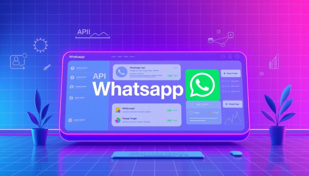 A modern, minimalist illustration depicting the Whatsapp API service. A sleek, futuristic interface with vibrant Royal Purple (hex #7955a3) accents, showcasing various API functionalities and integrations. The foreground features clean icons and visualizations, while the background has a subtle grid pattern and a sense of depth, conveying a sophisticated, high-tech atmosphere. The image exudes a sense of professionalism, efficiency, and the power of the Whatsapp API to streamline communication and business processes.