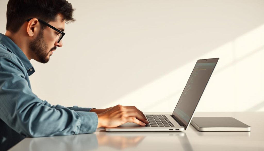 A modern, minimalist interface with a Telegram logo prominently displayed, showcasing a developer writing code on a sleek laptop. The background features a clean, white workspace with subtle grid patterns, conveying a sense of focus and productivity. Warm, natural lighting casts soft shadows, creating depth and a sense of depth. The overall atmosphere is one of technological proficiency, efficiency, and the seamless integration of Telegram's communication capabilities into custom software applications.