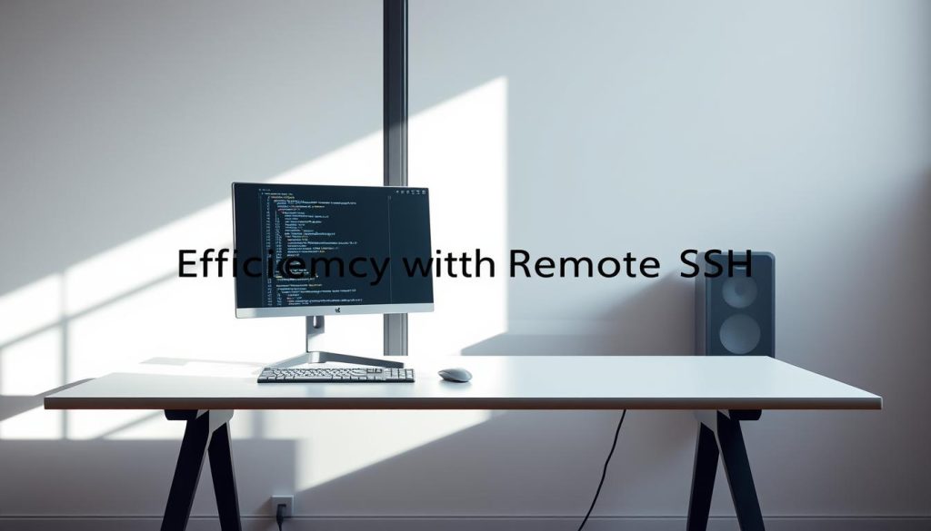 A modern, minimalist workspace with a sleek desk, a high-resolution computer monitor, and a stylized keyboard. The desk is positioned in front of a large window, allowing natural light to flood the scene. Soft, indirect lighting illuminates the space, casting subtle shadows. The background features a simple, neutral-toned wall, allowing the focus to remain on the workspace. The overall atmosphere conveys a sense of efficiency, focus, and productivity, reflecting the theme of "Improving Coding Efficiency with Remote SSH".