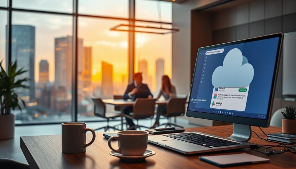 A modern office interior with a large window showcasing a vibrant cityscape. In the foreground, a desk with a laptop, coffee mug, and various office supplies. On the screen, a cloud storage interface with files being uploaded and downloaded. In the middle ground, a businessperson collaborating with colleagues around a conference table, discussing projects and strategies. Warm, indirect lighting casts a professional, productive atmosphere. The background features a sleek, minimalist decor, highlighting the integration of cloud technology in the workplace.