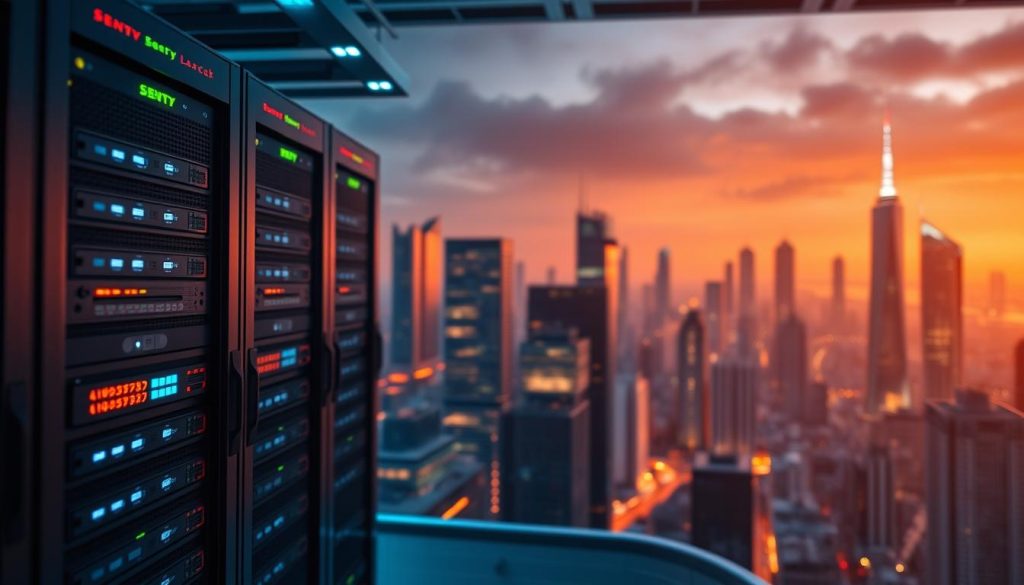 A modern server infrastructure with Sentry software monitoring and reporting system. In the foreground, a sleek server rack with glowing indicator lights, symbolizing the real-time error tracking and debugging capabilities of Sentry. The middle ground features various cloud services and microservices, interconnected and communicating seamlessly, with Sentry's analytics dashboard providing critical insights. The background showcases a cityscape of skyscrapers, representing the scale and complexity of the modern digital landscape that Sentry helps navigate. The scene is bathed in a warm, futuristic glow, conveying the reliability and efficiency that Sentry brings to enterprise-level infrastructure.