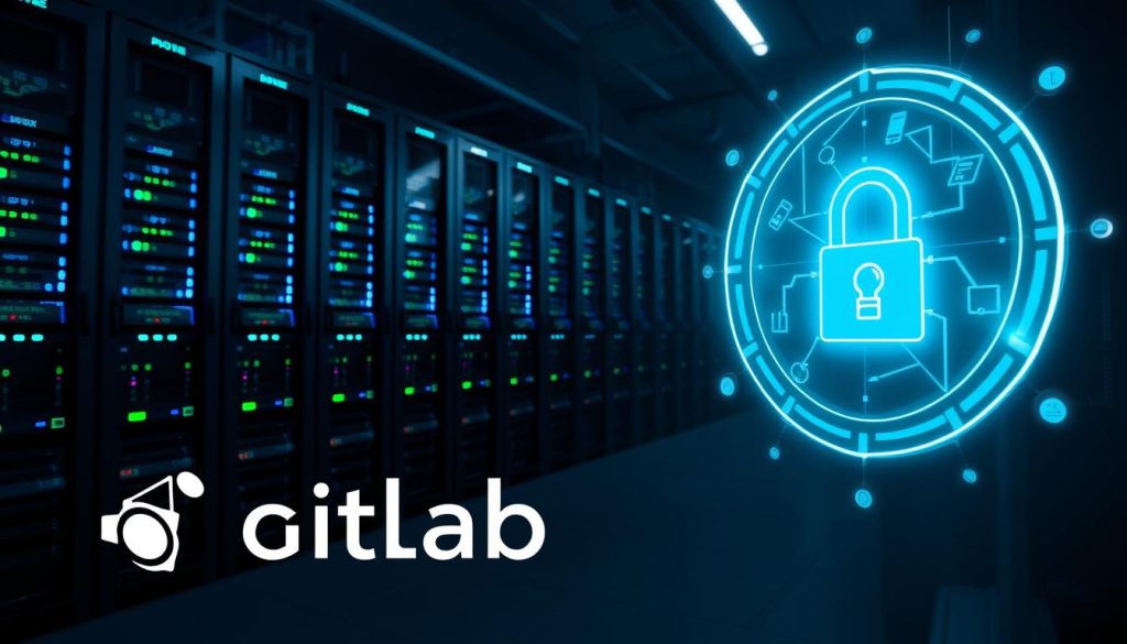A modern server room with rows of racks, glowing blue and green indicator lights, and a holographic display projecting a secure network diagram. In the foreground, a GitLab logo is subtly integrated, emphasizing the importance of SSL encryption for data protection. Soft, dramatic lighting casts long shadows, evoking a sense of gravity and responsibility around cybersecurity. The scene is captured with a wide-angle lens, drawing the viewer into the technical complexity of the infrastructure. An atmosphere of professionalism and cutting-edge technology pervades, underscoring why SSL is essential for securing GitLab's collaborative development environment.