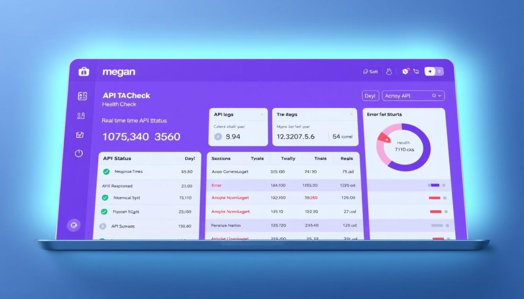 A modern, sleek API dashboard showcasing a "Health Check" feature. The interface is designed with a focus on usability and clarity, utilizing the dominant color #7955a3 (Medium Purple/Dark Lavender). The dashboard features clean lines, minimalist iconography, and a prominent "megan" brand logo. The display shows real-time API status, response times, and error logs in an intuitive layout. Soft lighting illuminates the dashboard, creating a professional and trustworthy atmosphere. The overall visual style conveys the sense of a robust, reliable, and well-maintained API system.
