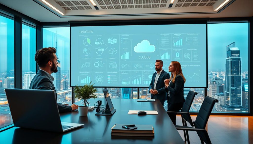 A modern, sleek business office interior with floor-to-ceiling windows overlooking a vibrant cityscape. In the foreground, a sophisticated desk with a state-of-the-art laptop, stylish office supplies, and a potted plant. A team of professionals in business attire discuss deployment options for a cloud-based PaaS platform, their expressions thoughtful and engaged. The middle ground features an array of cloud computing diagrams and analytics dashboards projected onto a large wall display, illuminating the decision-making process. The background is bathed in warm, directional lighting, creating a sense of productivity and innovation. The overall scene conveys the careful consideration required to select the optimal PaaS solution for a startup's unique needs.