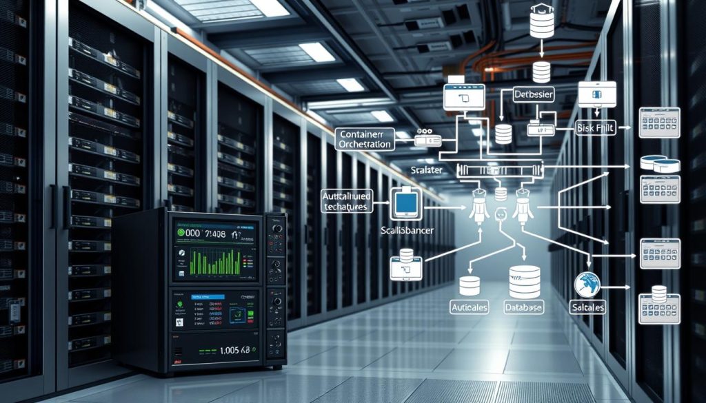 A modern, sleek data center with rows of server racks and network equipment. Soft, directional lighting illuminates the scene, highlighting the intricate cabling and cooling systems. In the foreground, a Load Balancer device stands prominently, its display panel showing dynamic metrics and traffic patterns. The middle ground features various scaling techniques, such as container orchestration platforms and autoscaling groups, visually integrated with the Load Balancer. The background depicts a complex network topology, with routers, switches, and distributed databases, all working in harmony to create a highly available and scalable system.
