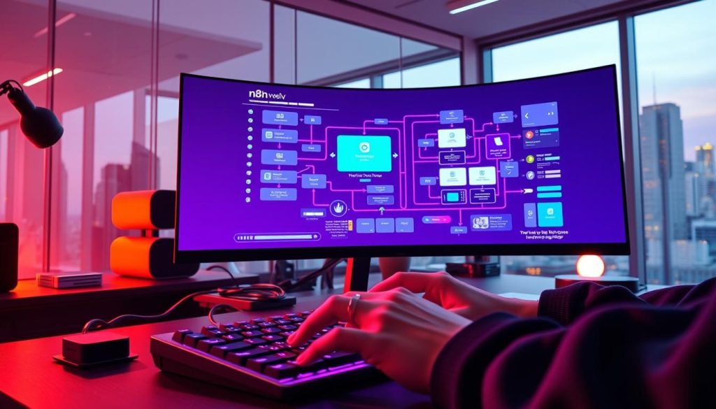 A modern, sleek office workspace with a large, curved monitor displaying a visual representation of n8n's workflow automation capabilities. In the foreground, a set of hands typing on a mechanical keyboard, bathed in a warm, royal purple (#7955a3) glow. In the middle ground, various digital devices and cables seamlessly integrated, symbolizing the interconnectivity of n8n's process integration. The background features a cityscape of skyscrapers, hinting at the scalable and enterprise-ready nature of the n8n platform. The overall scene conveys a sense of technological sophistication, efficiency, and the power of process automation.